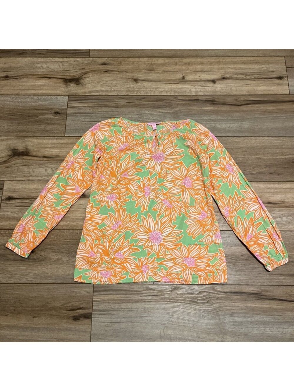 Lilly Pulitzer Jemma Tunic Top SZ XS Orange Flowers Keyhole Avocado Green Crush